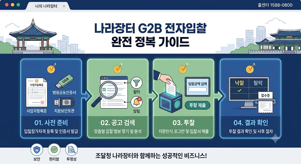 나라장터 G2B 전자입찰 완전 정복 가이드 — 사전준비·공고검색·투찰·결과확인 4단계